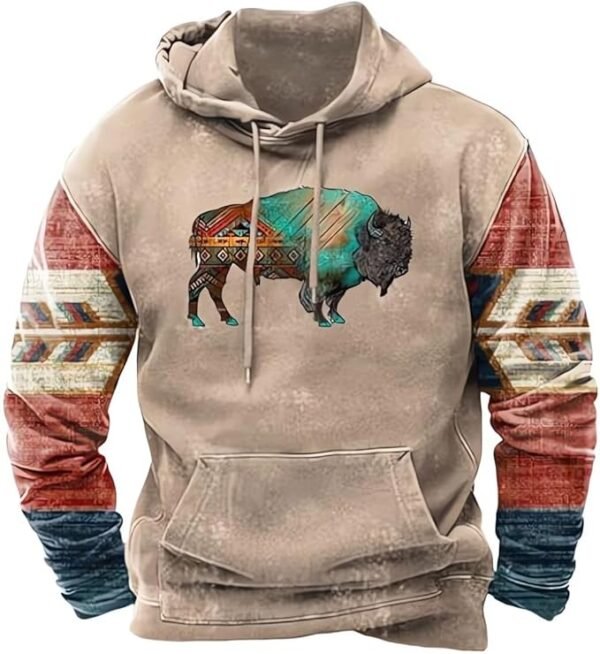 PORCLAY Mens Aztec Hoodie Western Cowboy Hooded Sweatshirt Country Graphic Print Oversized Pullover Shirts with Pocket