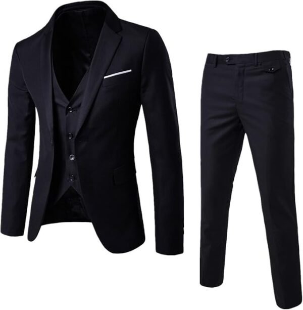 WULFUL Men’s Slim Fit Suit One Button 3-Piece Blazer Dress Business Wedding Party Jacket Vest & Pant