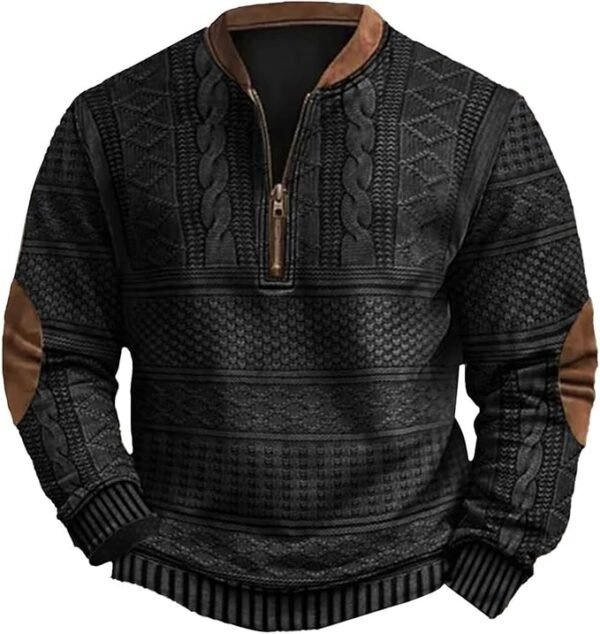 Mens Vintage Knit Print Zip-Up Sweatshirt Plus Size Long Sleeve Sweater with Elbow Patches Pullover Clothes