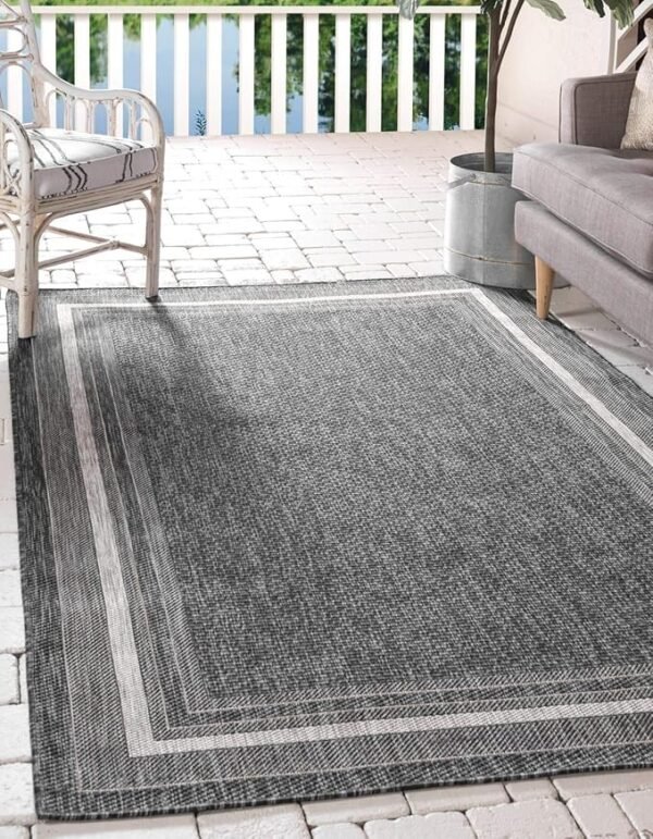 Unique Loom Outdoor Border Collection Area Rug - Soft Border (9\' x 12\' Rectangle, Black/ Ivory)