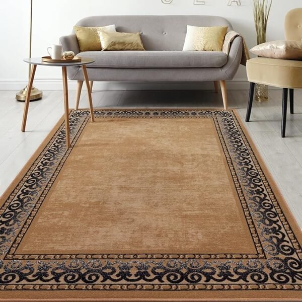 Antep Rugs Alfombras Bordered Modern 5x7 Non-Slip (Non-Skid) Low Pile Rubber Backing Indoor Area Rug (Gold Brown, 5\' x 7\')