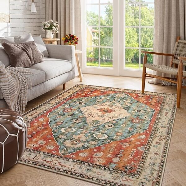 Lahome Boho Tribal Area Rug - 5x7 Large Washable Living Bedroom Rug Distressed Oriental Non-Slip Non-Shedding Print Floor Carpet for Dining Room Home,Rust/Dull Teal