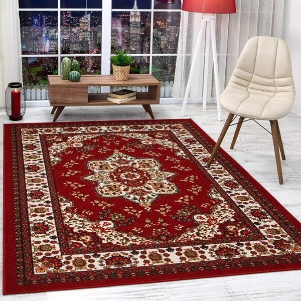 Antep Rugs Alfombras Oriental Traditional 5x7 Non-Skid (Non-Slip) Low Profile Pile Rubber Backing Indoor Area Rugs (Maroon, 5\' x 7\')