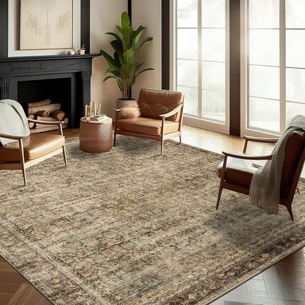 Area Rug 8x10 Washable Rug Brown Vintage Rug Traditional Mat Distressed Indoor Foldable Thin Rug Retro Accent Rug Floral Print Rug Non Slip Carpet Living Room Dining Room Office