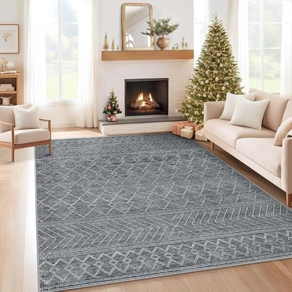 5x7 Area Rug Living Room: Washable Boho Geometric Moroccan Rug Neutral Modern Farmhouse Indoor Soft Non Slip Ultra Thin Carpet for Dorm Dining Room Bedroom Nursery Home Office (Black, 5\'x7\')