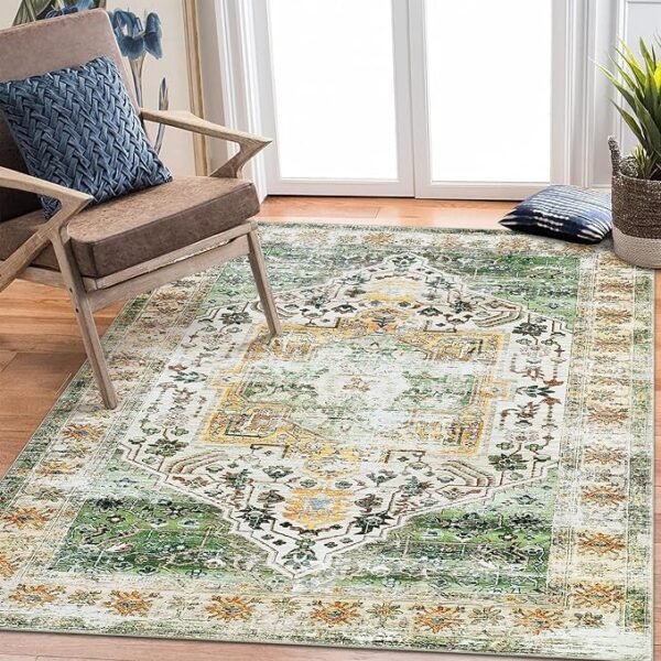 Large Area Rug 9x12 Vintage Rugs Non Slip Living Room Rug Non Shedding Soft Rug Stain Resistant Distressed Rug Carpet Indoor Floor Cover Accent Rug for Bedroom, Green Multi