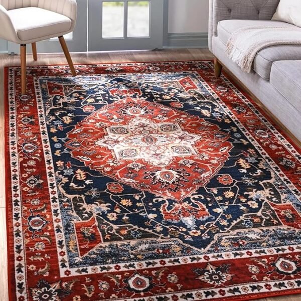 YJ.GWL Area Rug 4x6, Boho Vintage Washable Bedroom Rug, Soft Accent Rugs for Living Room Dining Room, Non-Slip Non-Shedding Low-Pile Entryway Rug Floor Carpet, Red