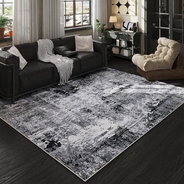 Area Rug 5x7 Washable Rug Boho Soft Abstract Pattern Non-Slip Faux Wool Vintage Rug for Living Room, Bedroom Rug, Farmhouse, Dining Room, Kids Playroom, Grey and Black